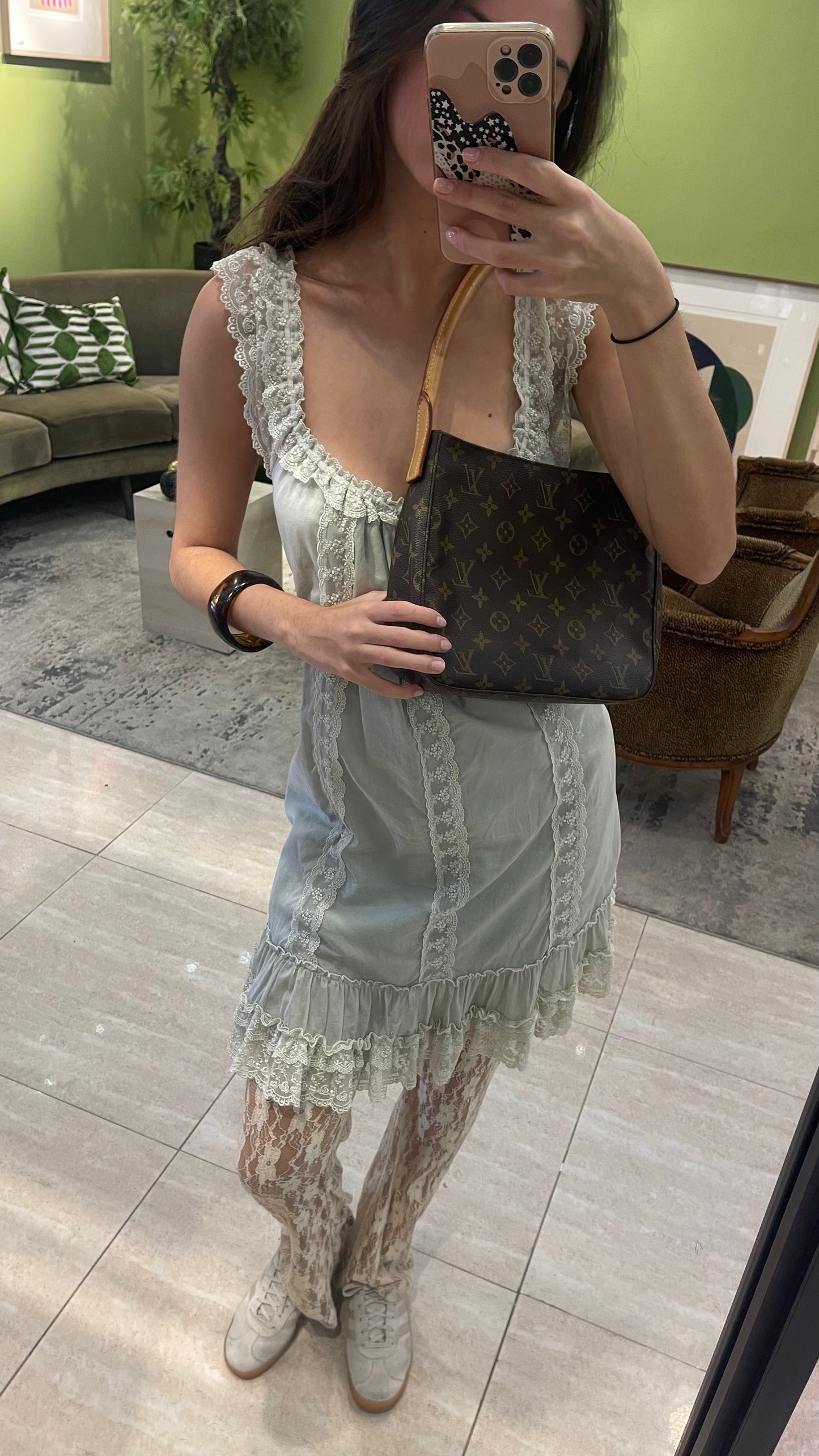 EMBROIDERED ELASTIC COTTON MINT DRESS